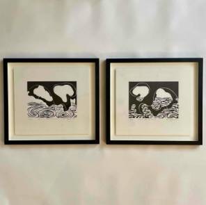 A Pair of 1970s Yasmin Brandolini D`Adda Woodcuts of Sea Rocks
